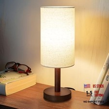 Small Table Lamp for Bedroom, Nightstand Lamp Linen Lampshade Black-Walnut Wood