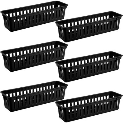 6 Pcs Black Slim Plastic Storage Baskets Tray 10 x 3 x 2.5 Inch Compact Stack...