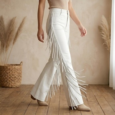 Women white Leather Fringe Pants High Waist Western Flare Bell Bottom