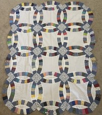 Handmade Double Wedding Ring Quilt Top Unfinished Multicolor Blue 39 x50 9