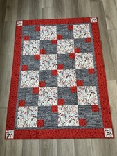 Chickadee handmade quilt, red, grey, black, soft blue, window view, 44"X62"