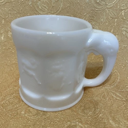 Vintage Imperial White Milk Glass Elephant Handle Child's Cup Mug Story Book
