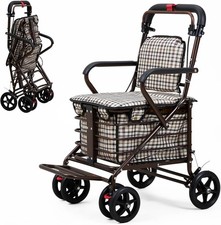 Walk & Rest Shopping Trolley with Seat 27L Foldable 4 Wheel Brakes