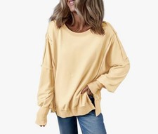 Womens Oversized Crew Neck Sweatshirt Casual Loose Reverse Seam Side Slit -Large