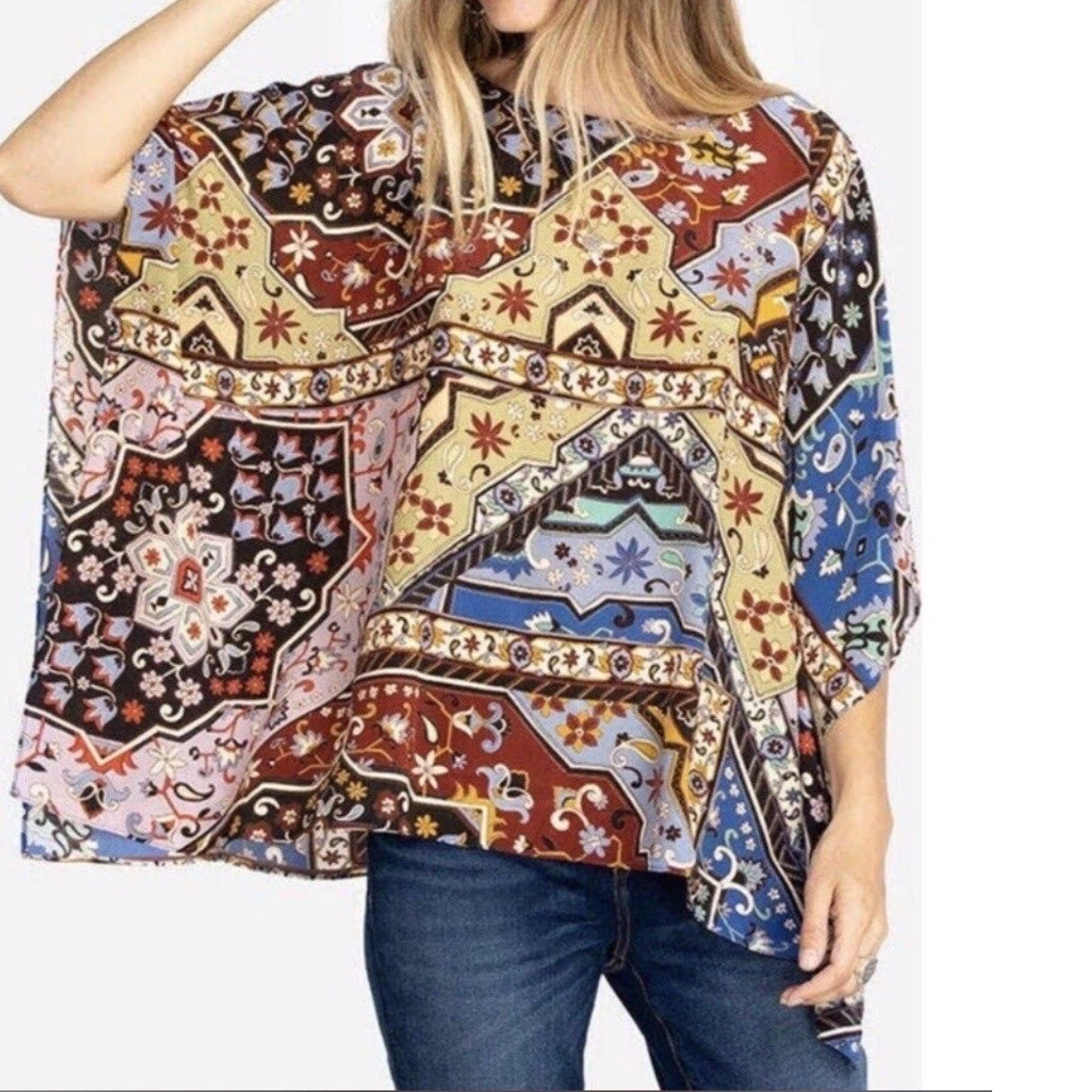 Johnny Was Jade Poncho Womens M Multicolor Silk Boho Geometric Floral Top