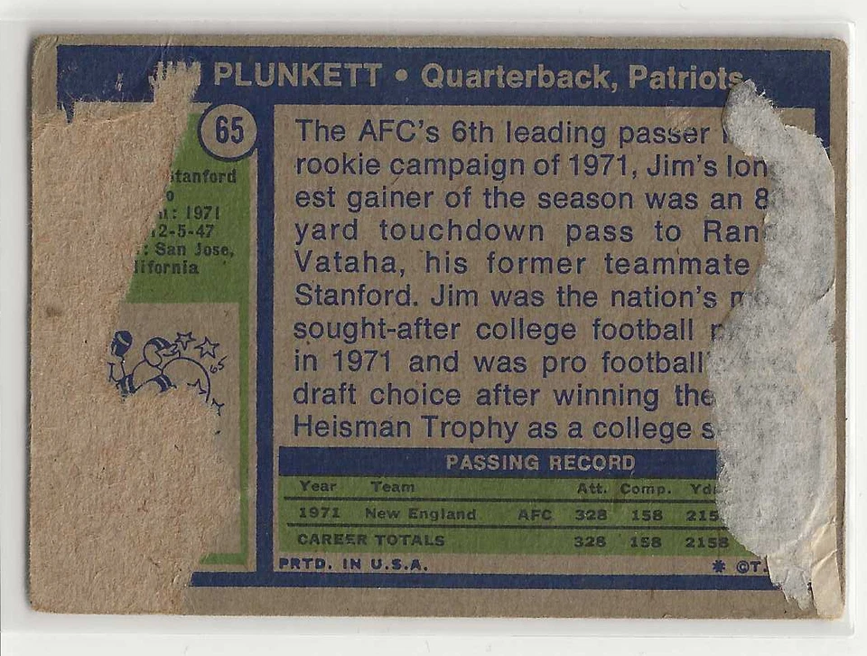 JIM PLUNKETT 1972 TOPPS #65 ROOKIE CARD NEW ENGLAND PATRIOTS QUARTERBACK RC - Image 2 of 2