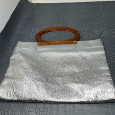 Vintage Chic 60's Silver Tote Purse Brown Lucite Handles - Convertible Clutch