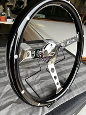 15in Aftermarket Steering Wheel Black Grip With Rivets Chrome Spoke
