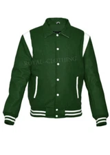 Varsity Letterman Bomber Baseball Jacket Forest Green Wool White Leather Stripes