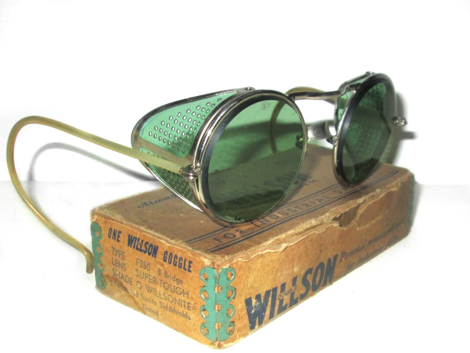 Antique Willson Green Sunglasses Goggles Vtg Steampunk Old Shield