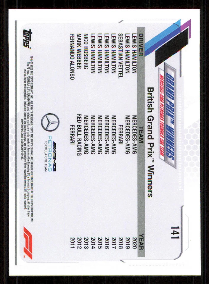 2021 Topps Chrome Formula 1 #141 Lewis Hamilton/Grand Prix Winners - Image 2 of 2