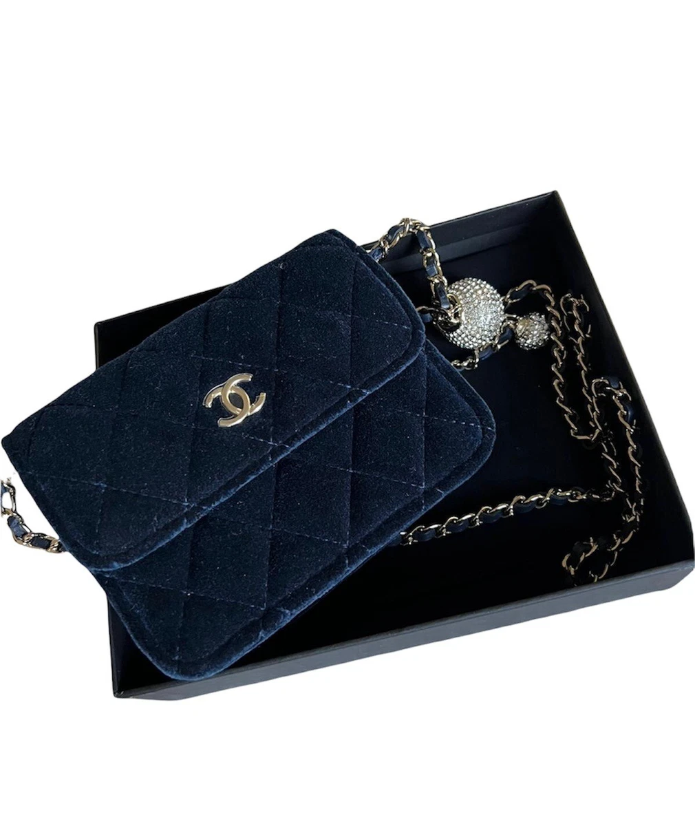 Chanel 2020 Navy Blue Crushed Velvet Chain Clutch With Charm BNIB