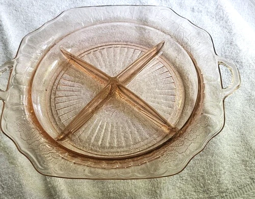 Vintage Anchor Hocking Glass Mayfair Open Rose Pink Handled Divided Relish Dish