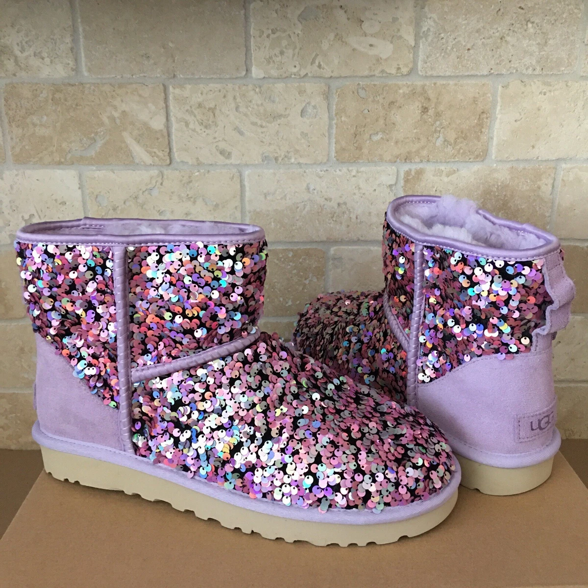 UGG Classic Mini Stellar Sequin Lilac Frost Sheepskin Warm Boots Size 8 Women