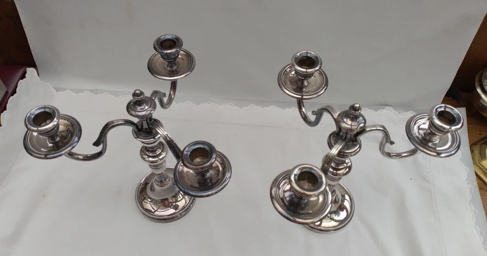 Paire de chandeliers en bronze argenté CHRYSALIA XXe siècle 3 branches H=24cm - Photo 2/4