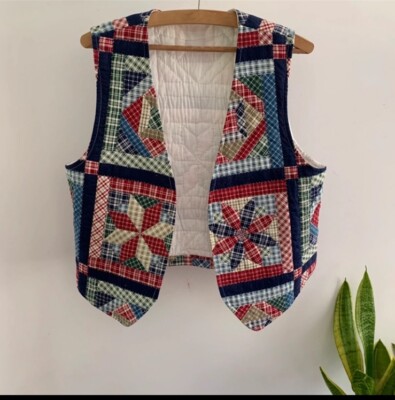 Weste gesteppt Patchwork Vintage Handarbeit rot blau Stern Prärie Baumwolle Boho Karo