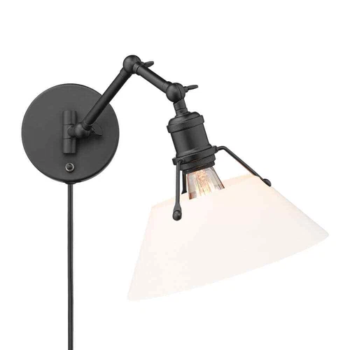 Golden Lighting Orwell 1-Light Black Wall Lamp w/ Opal Glass, Plug-In/Hardwired - Picture 1 of 4