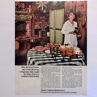 1968 Vintage Coldspot Sears Refrigerator Anne Baxter Print Ad 10  x 13-1/4  LHJ