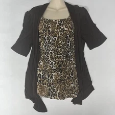 AB Studio Leopard Ruffled Blouse with Attached Brown Overlay size XL
