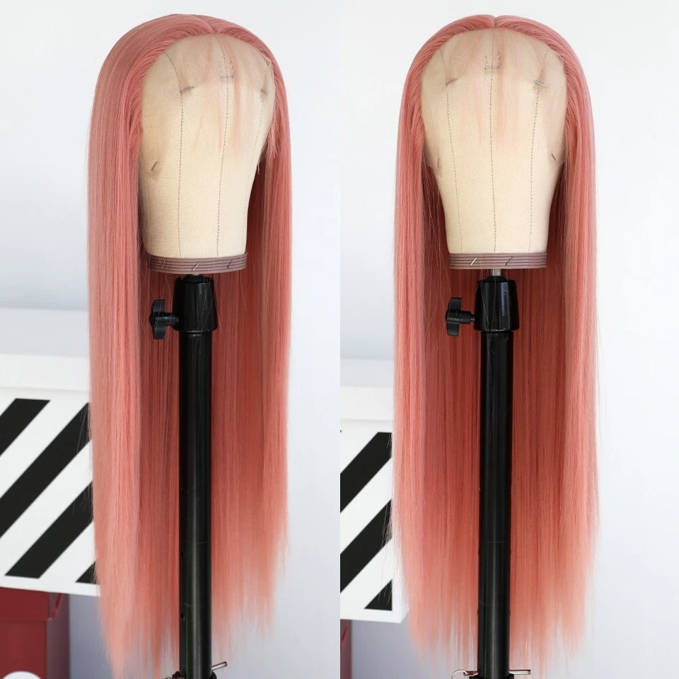 Pelucas delanteras de encaje rosa cabello largo liso resistente al calor sin pegamento pre arrancado suave Foto 2 de 4