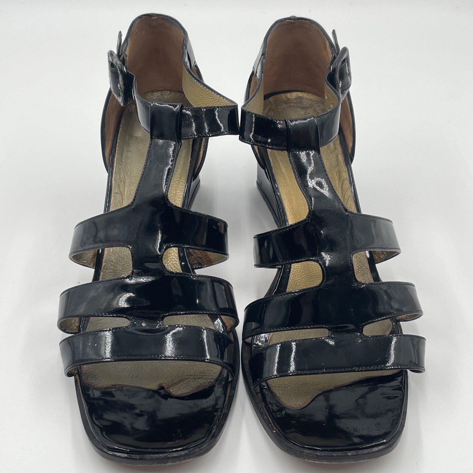 Sandali vintage Yves Saint Laurent donna YSL neri vernice US 7 M cinturino alla caviglia tacco