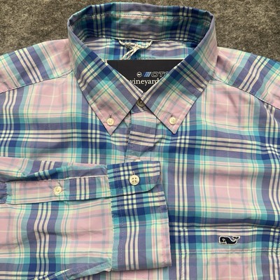 Vineyard Vines OTG Shirt Mens Large Blue Pink Plaid On The Go Performance NWT