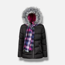 S Rothschild  Co Girl's Black Quilted Puffer Coat  Plaid Scarf Set Size M