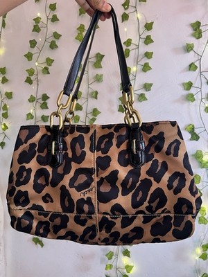 Coach Leopard Print Glossy Satchel Bag Double Handles Gold
