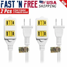2 Packs 6 Feet 16 Gauge 2 Prong 3 Outlets Indoor Extension Cord White UL Listed
