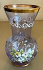 Vtg Venetian Murano purple Small Glass Vase painted Flowers Gold Italy vintage