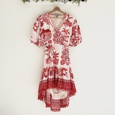 Farm Rio Tiles Red Floral Puff Sleeve Open Back Cotton Mini Sundress Size XL