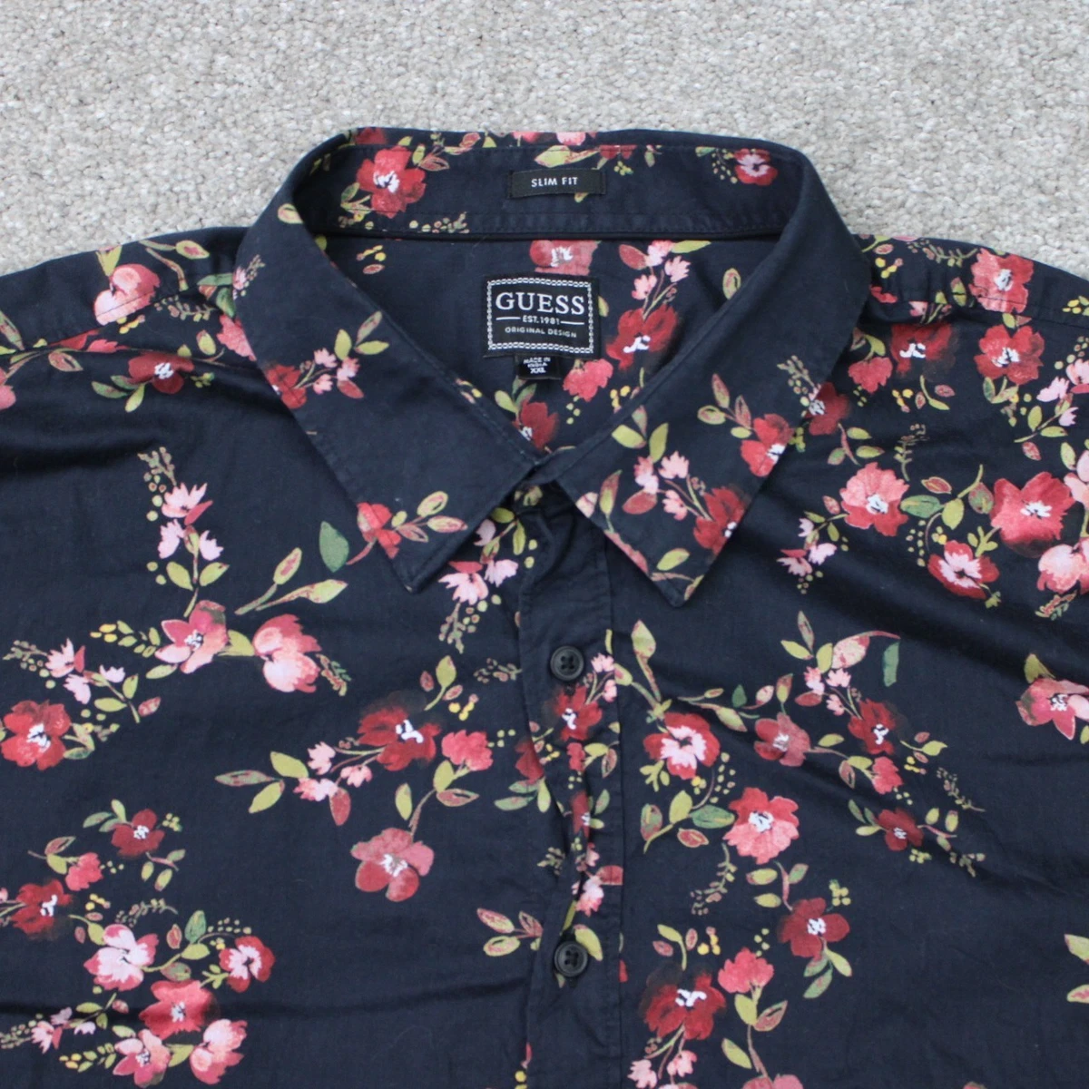 Camisa Guess Hombre 2XL XXL Negra/Roja Floral Lujo Pequeños Ramos Manga Larga Elastizada