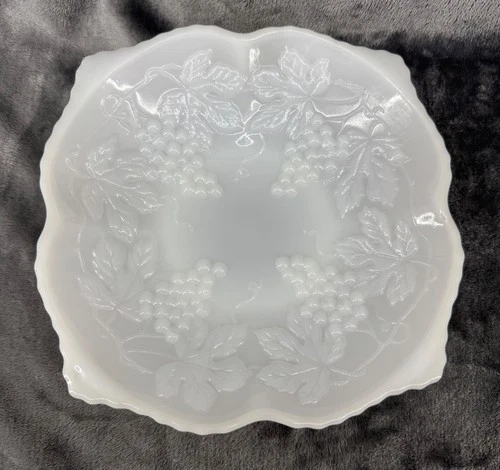Vintage Anchor Hocking Pedestal 10” Milk Glass Serving Bowl with Grapes & Vines