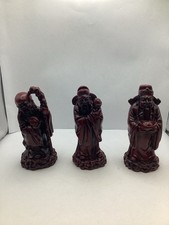 Set Of 3 Chinese Wise Men Fu Lu And Shou Wooden Ornaments (6” Tall)