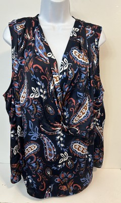 Ella Rafaella NWT Navy Blue Paisley Print Crossover Bodice Sleeveless Blouse -2X