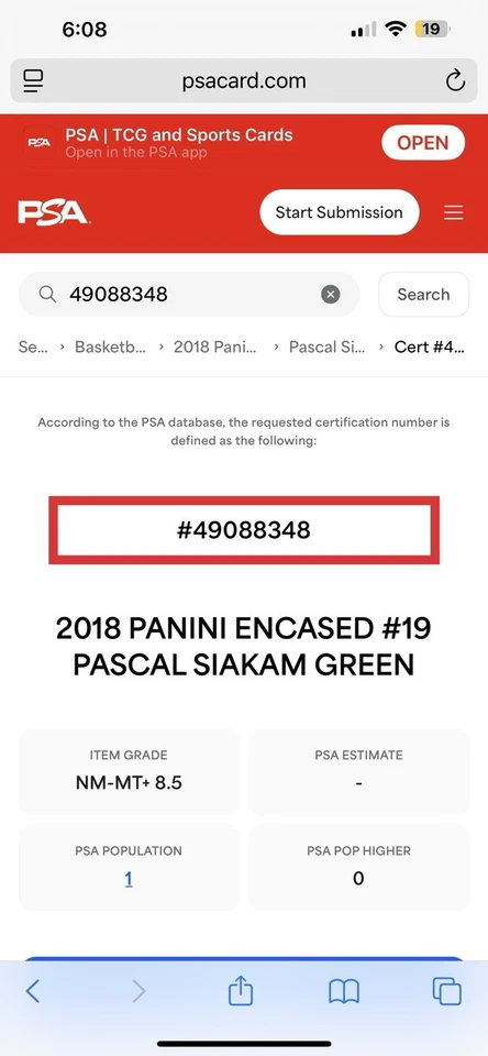 2018 Panini Encased Green PASCAL SIAKAM  4/5 PSA 8.5 POP. 1 None Higher - Image 3 of 3