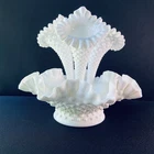 VTG Fenton Hobnail Milk Glass Epergne 9” Ruffled Bowl 3 Horn Vase Centerpiece