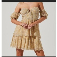 ASTR The Label Floral Mini Dress Yellow Off Shoulder Tiered XS