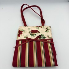 Longaberger Holiday Poinsettia Striped Red Cream Small Tote Handbag Bow Accent