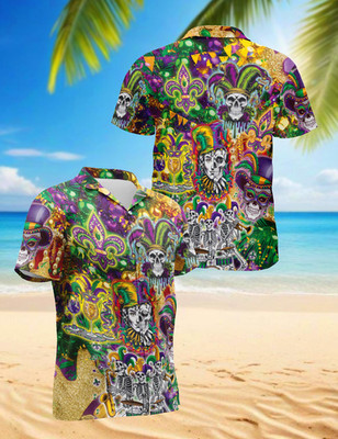 Skulls Mardi Gras Hawaiian Shirt Carnival Skull Aloha Shirt Colorful Festival Bu