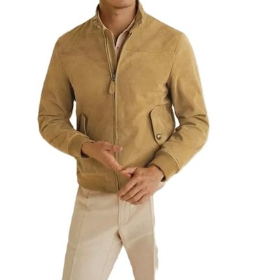 Tan Brown Bomber Flight Real Suede Leather Jacket For Men