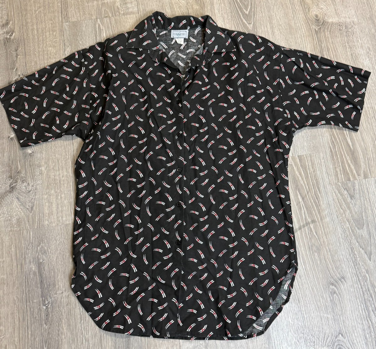 VTG 80s Black Button Blouse Medium Abstract Short Sleeve Power Shoulder USA Made
