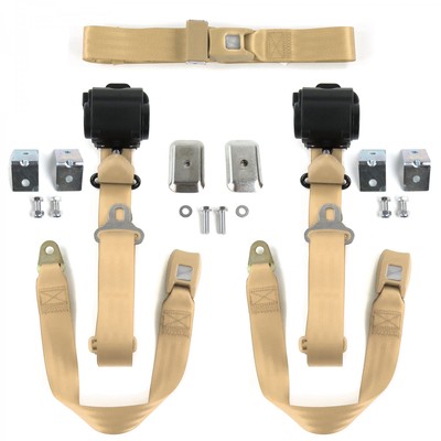 Nash Rambler 1950 - 1954 Standard 3pt Tan Retractable Bench Seat Belt Kit w/ Bra