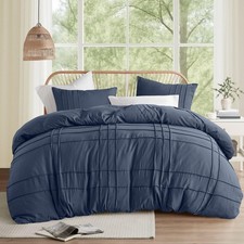 Navy Cal King Size Duvet Cover Set - 3-pc Pintuck Pleated Duvet Cover, All Se...