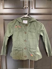 Youth Girls Old Navy Olive Green Cargo Jacket With Embroidered Flowers. Size 8.