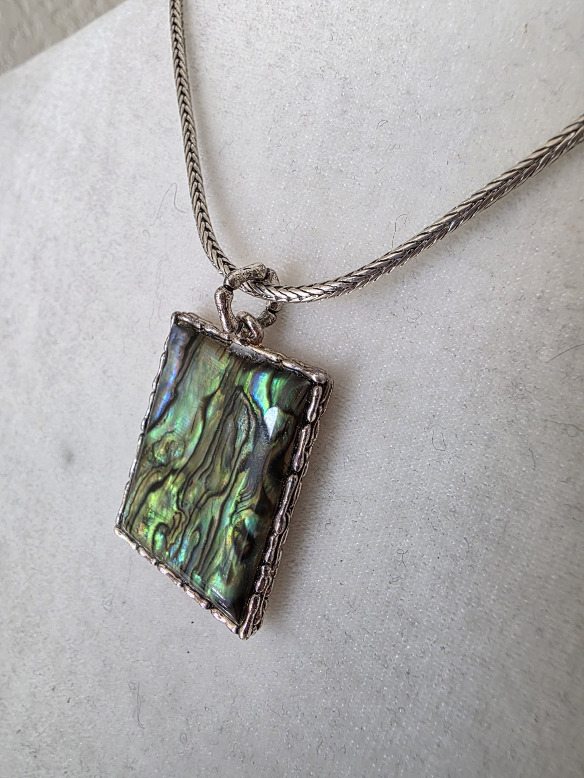 Rectangle Pendant Silver Tone Abalone Necklace Bl… - image 7