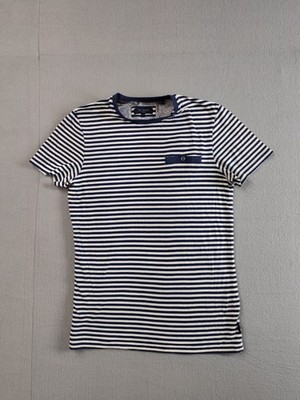 Ted Baker Men Shirt 1 XS White Blue Striped Crew Neck Short Sleeve Pullover