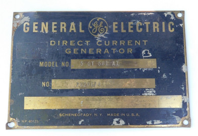 VINTAGE GENERAL ELECTRIC DIRECT CURRENT GENERATOR BRASS ENGINE PLATE