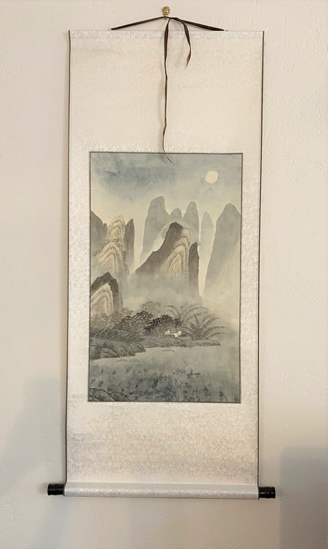 Silk Hanging Scroll Painting Japanese Kakejiku Mountains Lake House Moon 47X19"