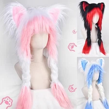Y2K Cat Ears Hat Long Plush Fox Ear Double Braid Cosplay Dress Up Fluffy Cap